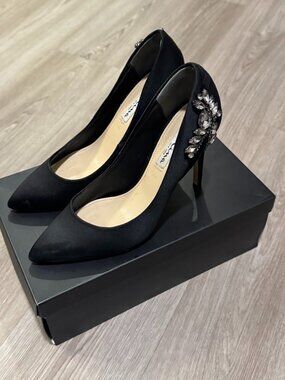 Nina Rhonae-LS Black Satin Crystal Embellished Pumps Heels Size 7